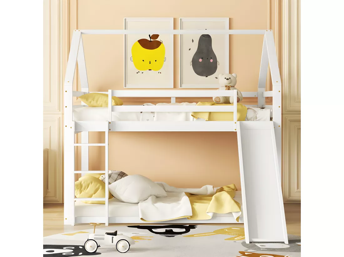 Lit superposé cabane avec toboggan et échelle - 140x200cm - cadre en pin massif - Blanc