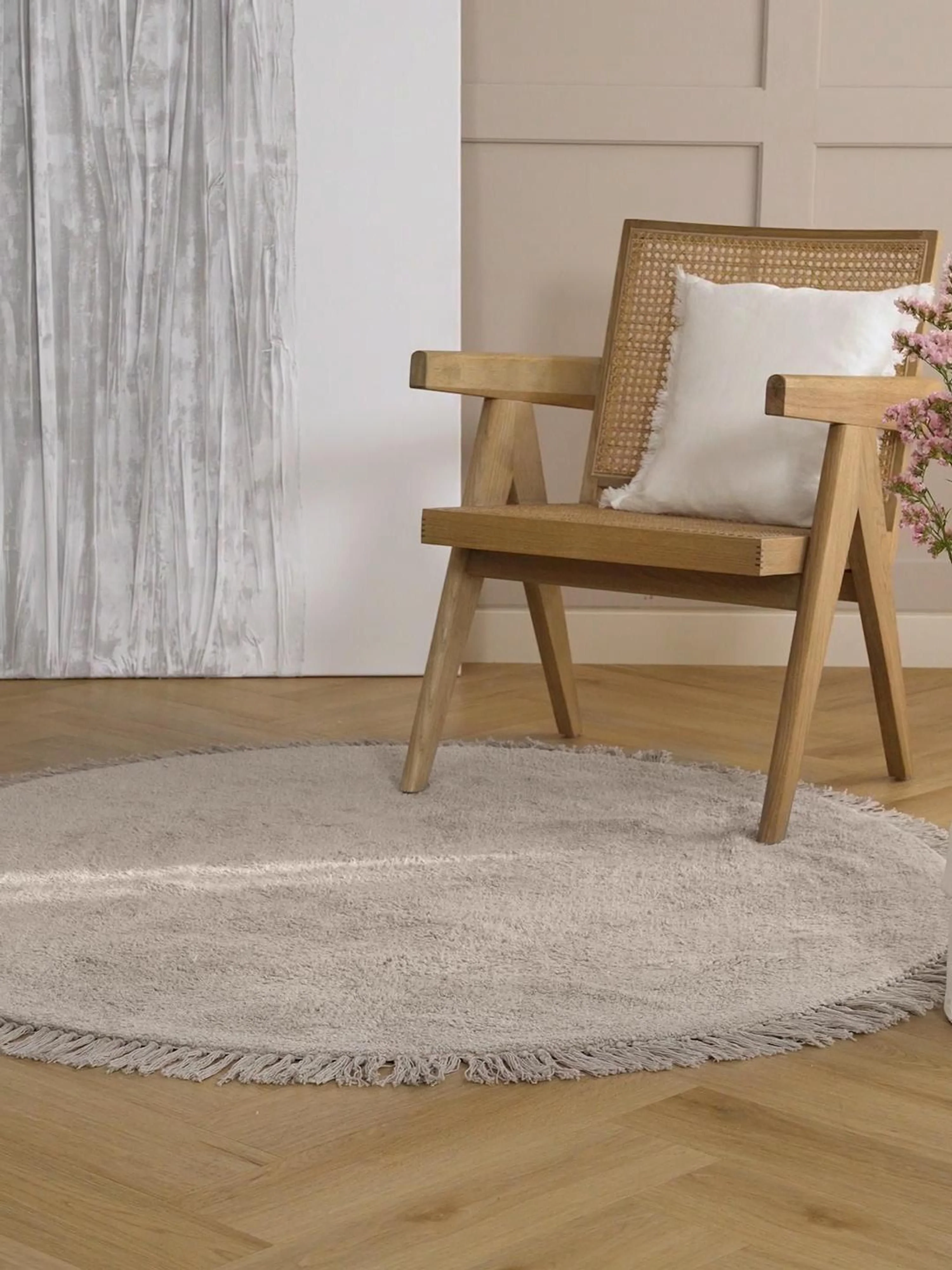 Rond katoenen vloerkleed Daya met franjes, handgetuft