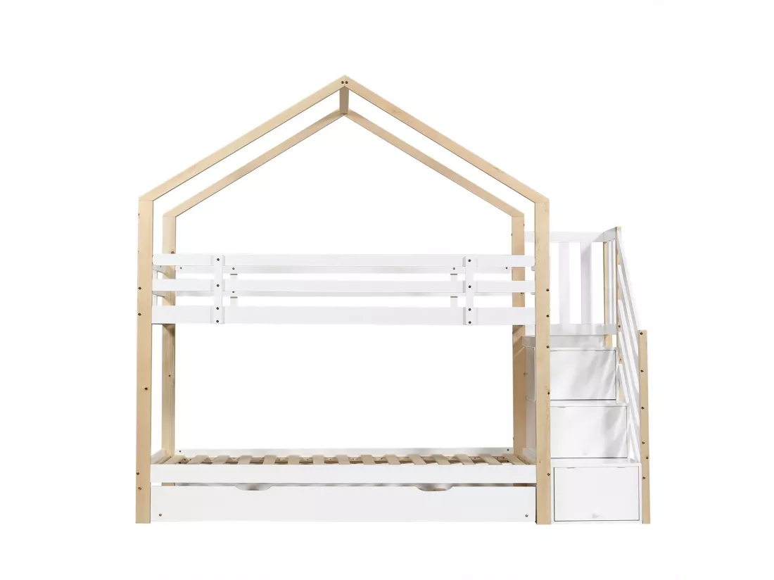 Lits superposés triple - 2 x 90 x 200 cm - avec lit gigogne coulissant 90 x 190 cm - 3 tiroirs - Blanc et naturel