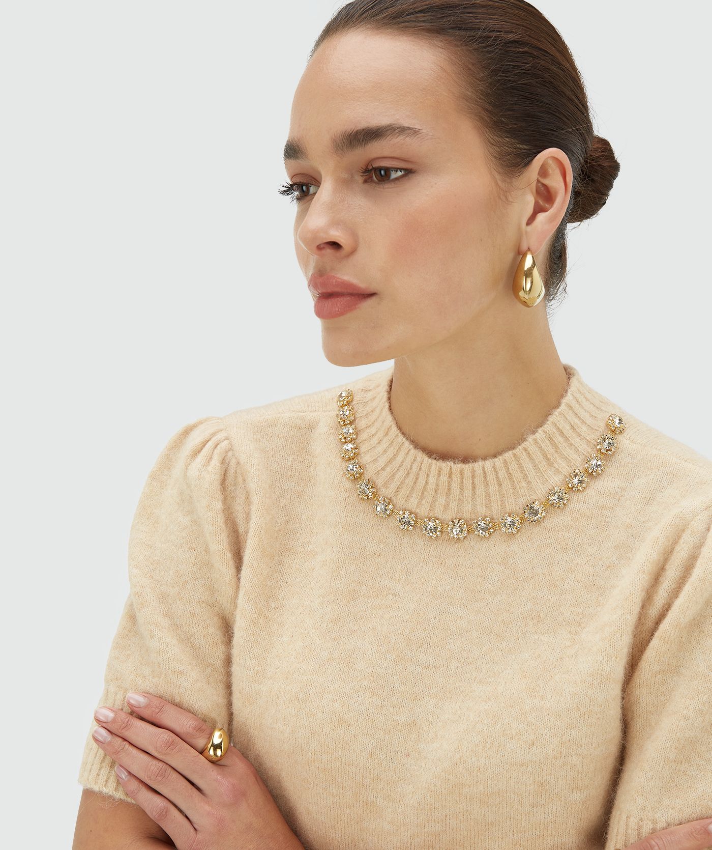 JV-FRANKA fitted top met merinowol - light beige melange