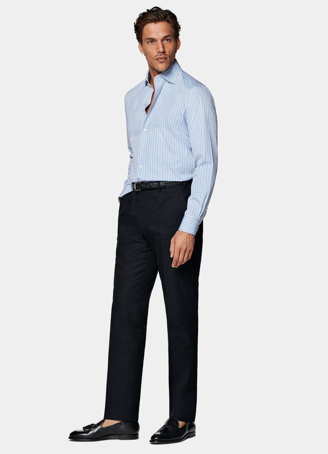 Chemise coupe ajustée en popeline bleue à rayures