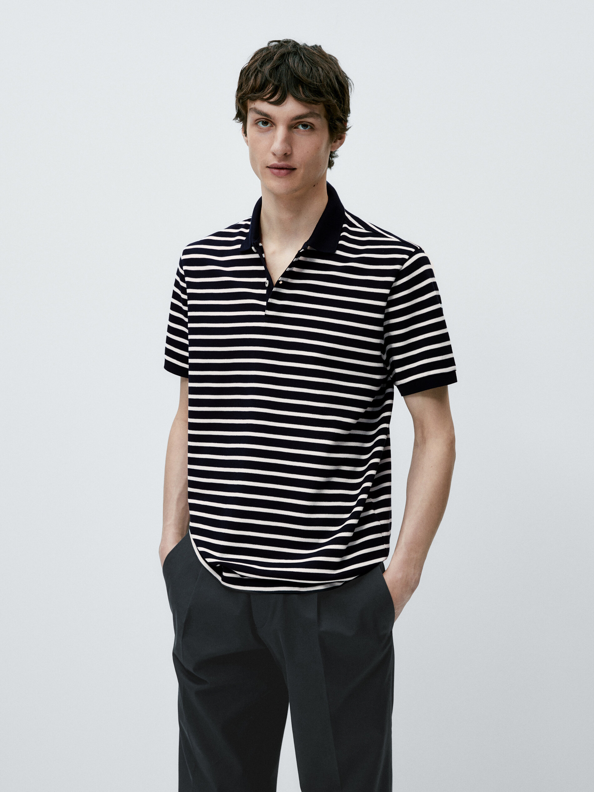 Camisa polo listrada de algodão de manga curta - AZUL MARINHO