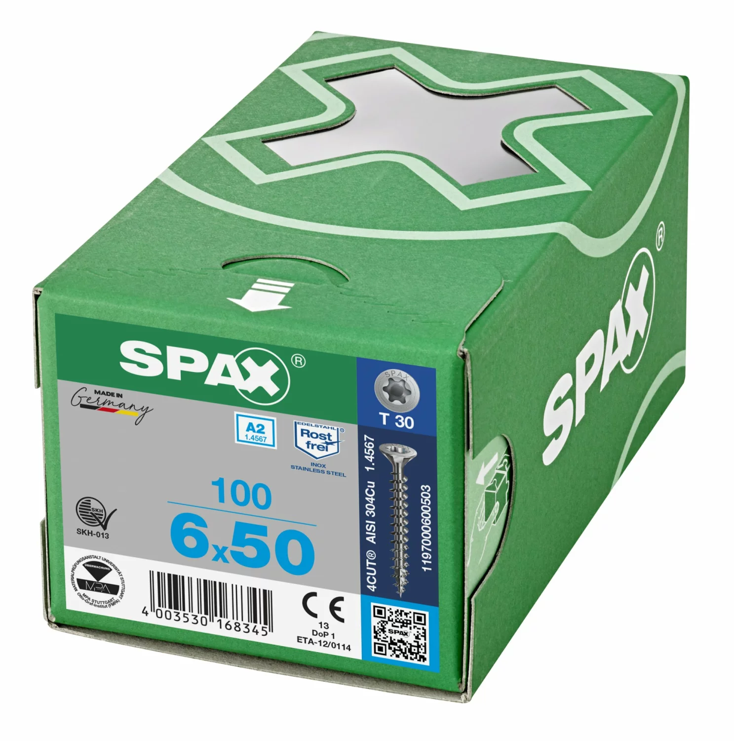 SPAX 1197000600503 Roestvaststalen schroef, Verzonken kop, 6 x 50, Voldraad, T-STAR plus TX30 - blank - 100 stuks