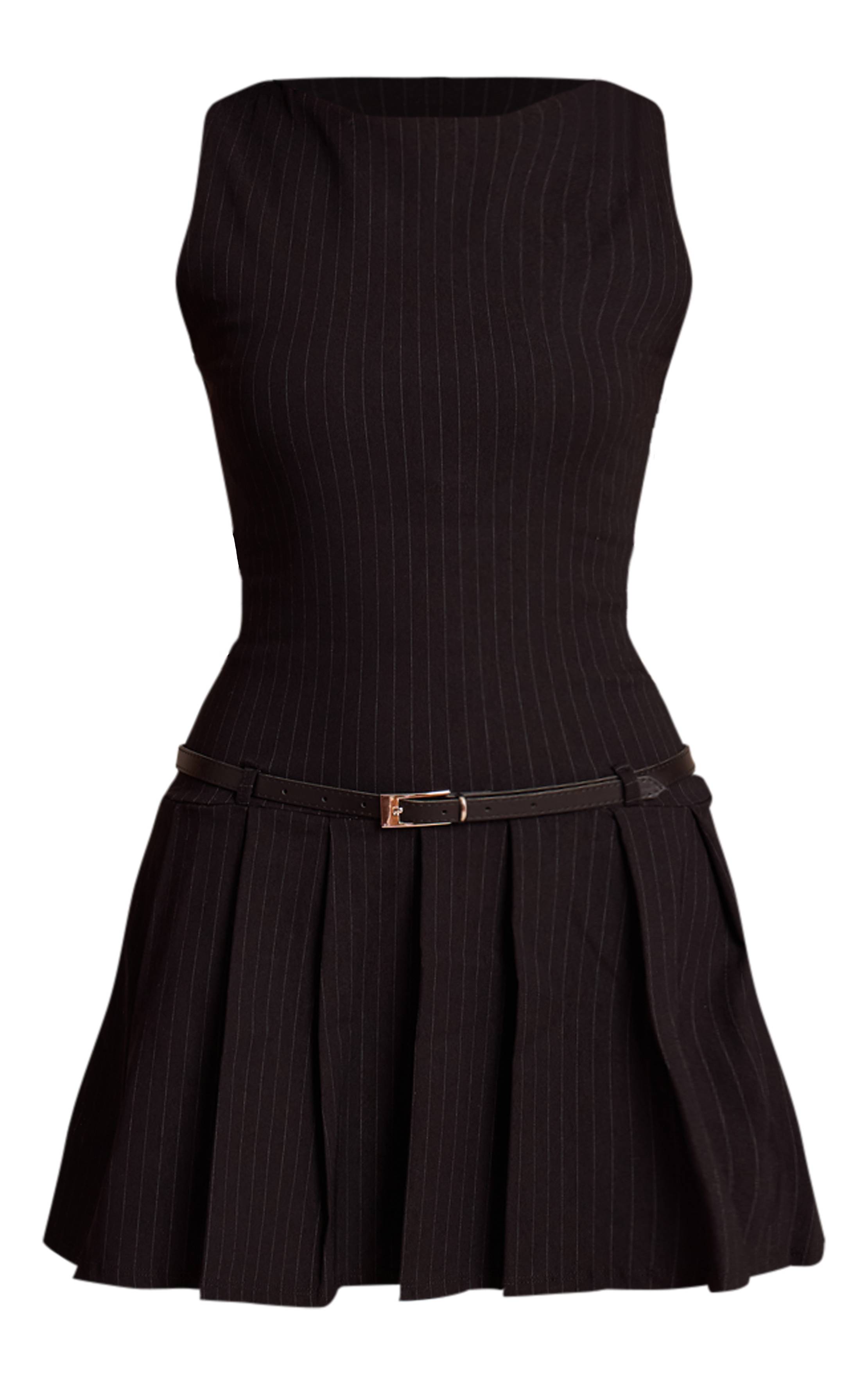 Noir Robe Droite Ceinturée À Rayures Tennis En Tissu Stretch Et Col Bateau
