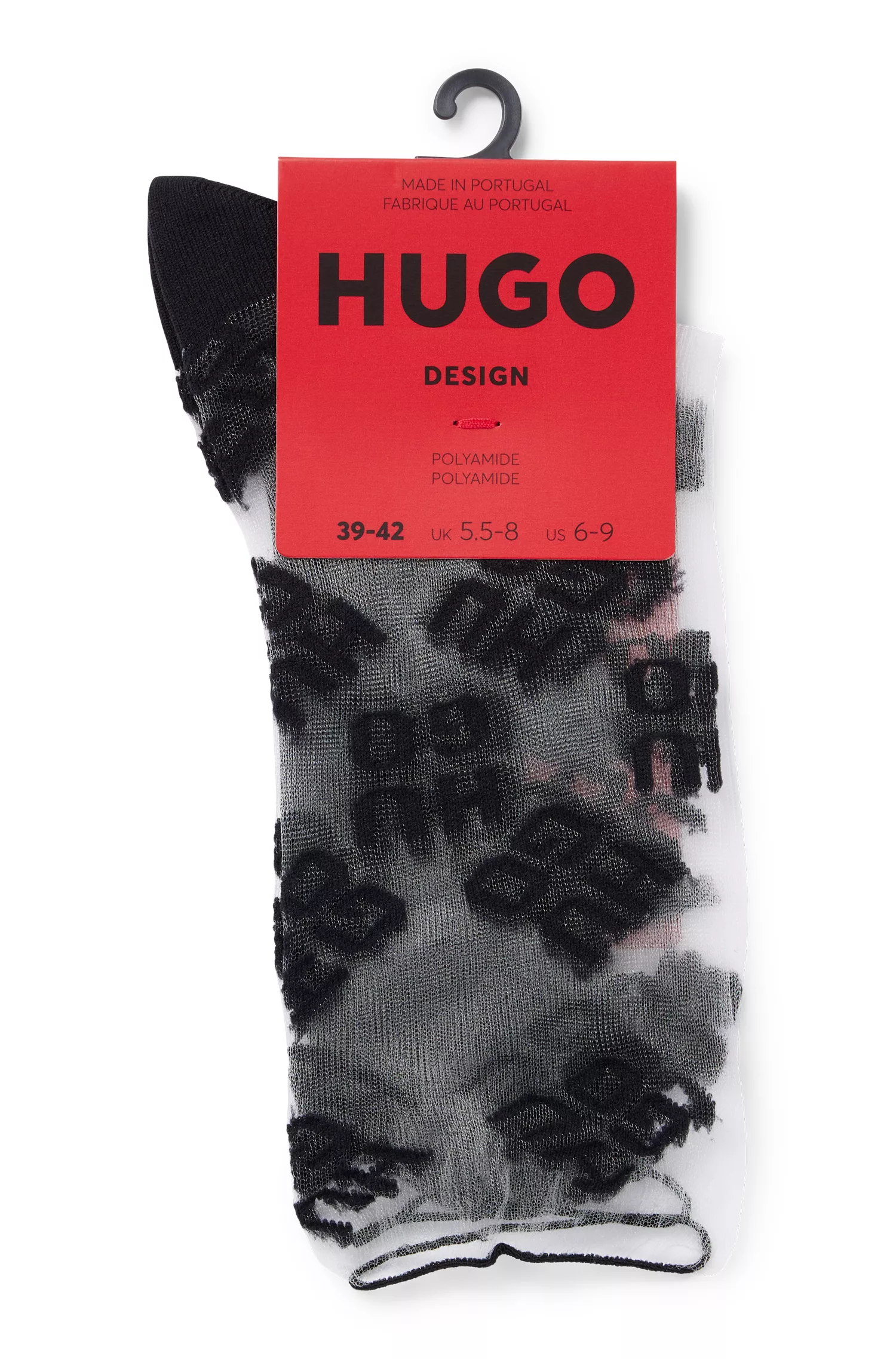 Meias HUGO vermelhas transparentes de cano curto com logotipos sobrepostos.