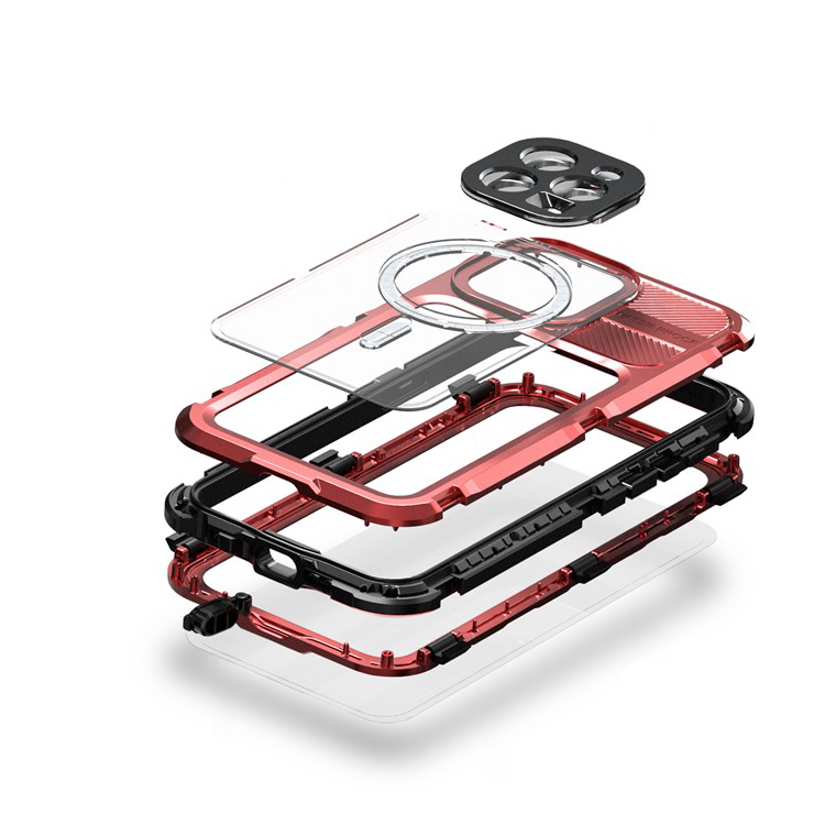 iPhone 15 Pro Wasserfeste MagSafe Alu Outdoor Schutz Hülle (IP68) - Rot / Transparent