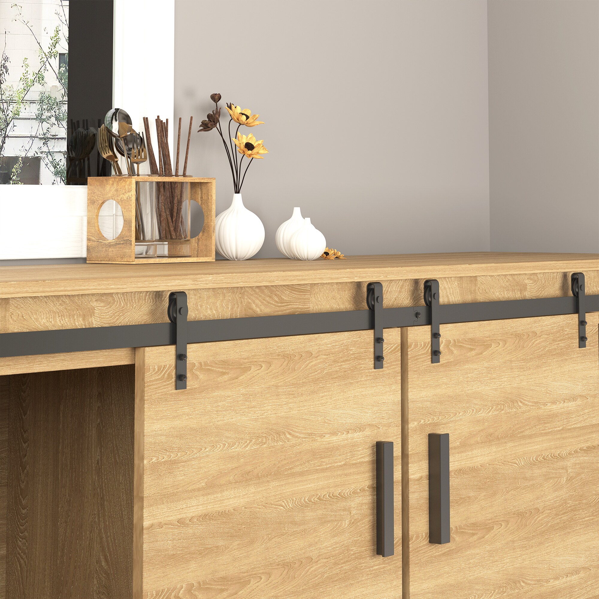 HOMCOM Schiebetürsystem Geeignet für Schrank, TV-Stände und mehr, Schiebetür-Kit, Geeignet für verschiedene Türpaneele Schwarz 183 x 0,6 x 18 cm (BxTxH)