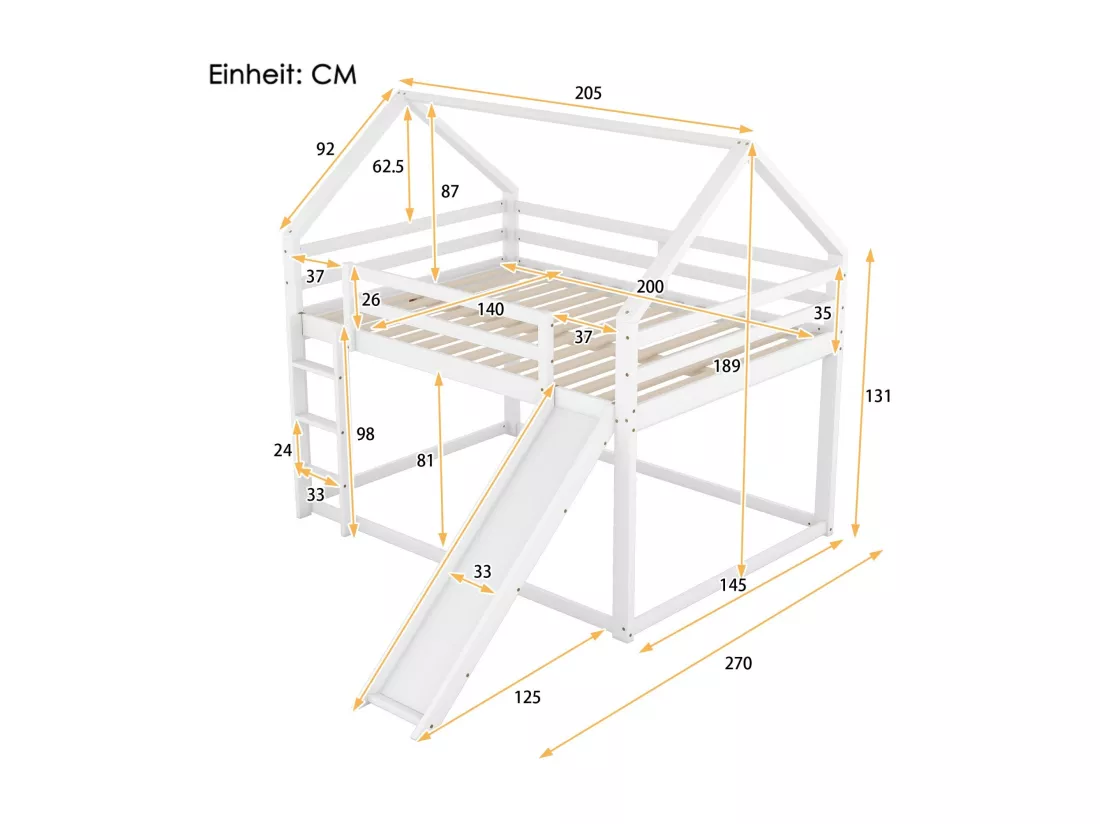 Lits superposés cabane 2 x 140 x 200 cm - escaliers et toboggan - Pin et MDF - Blanc