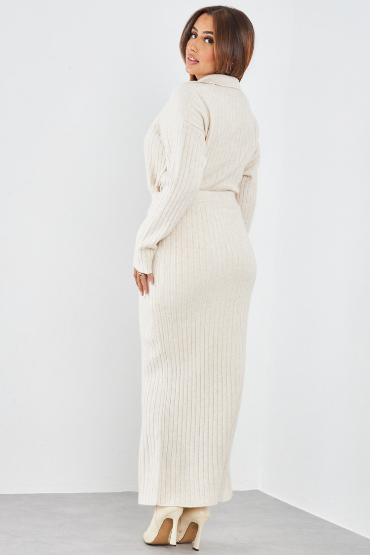 Ensemble 2 pièces pull + jupe côtelé beige