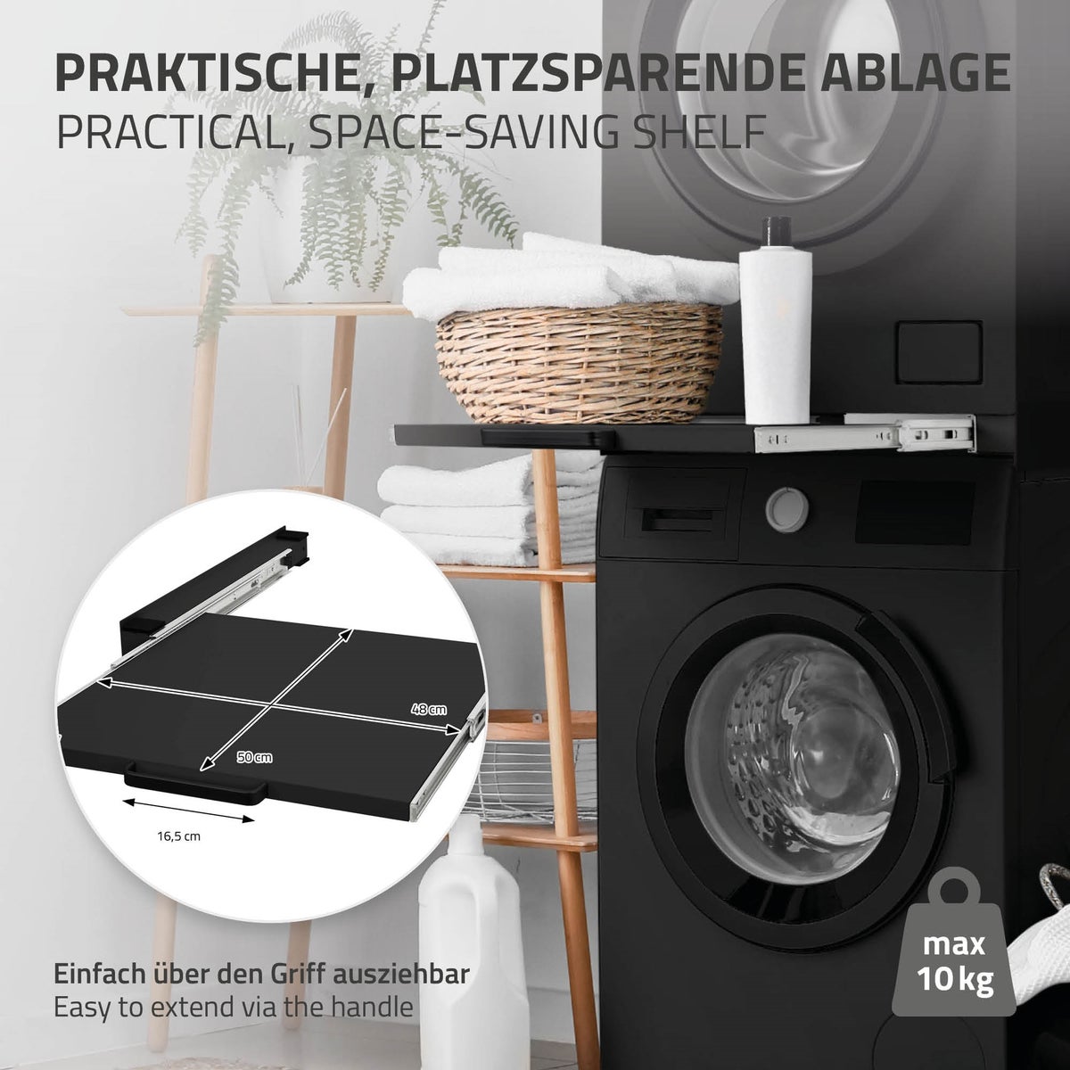 ML-Design Stapelframe met uitschuifbare plank, staal, 60x60 cm, zwart, verbindingsframe voor wasmachine/droger, stapelkit met uitschuifbare plank voor wasmand, universeel stapelframe