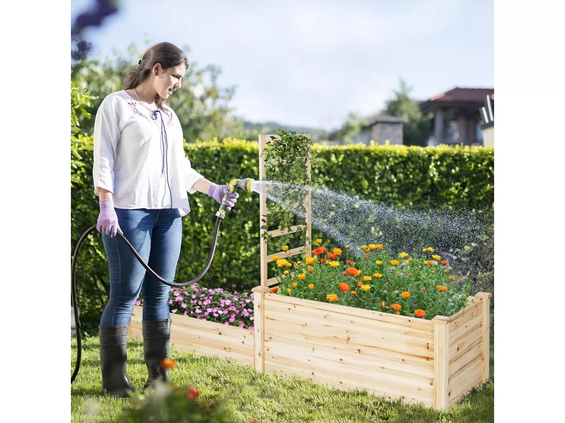 Jardinière avec Treillis en Bois avec Base Ouverte, 2 Bacs à Fleurs Extérieur à 2 Niveaux pour Plante Grimpante, Lit de Jardin Surélevée Assemblage Facile, 223 x 64 x 134 cm