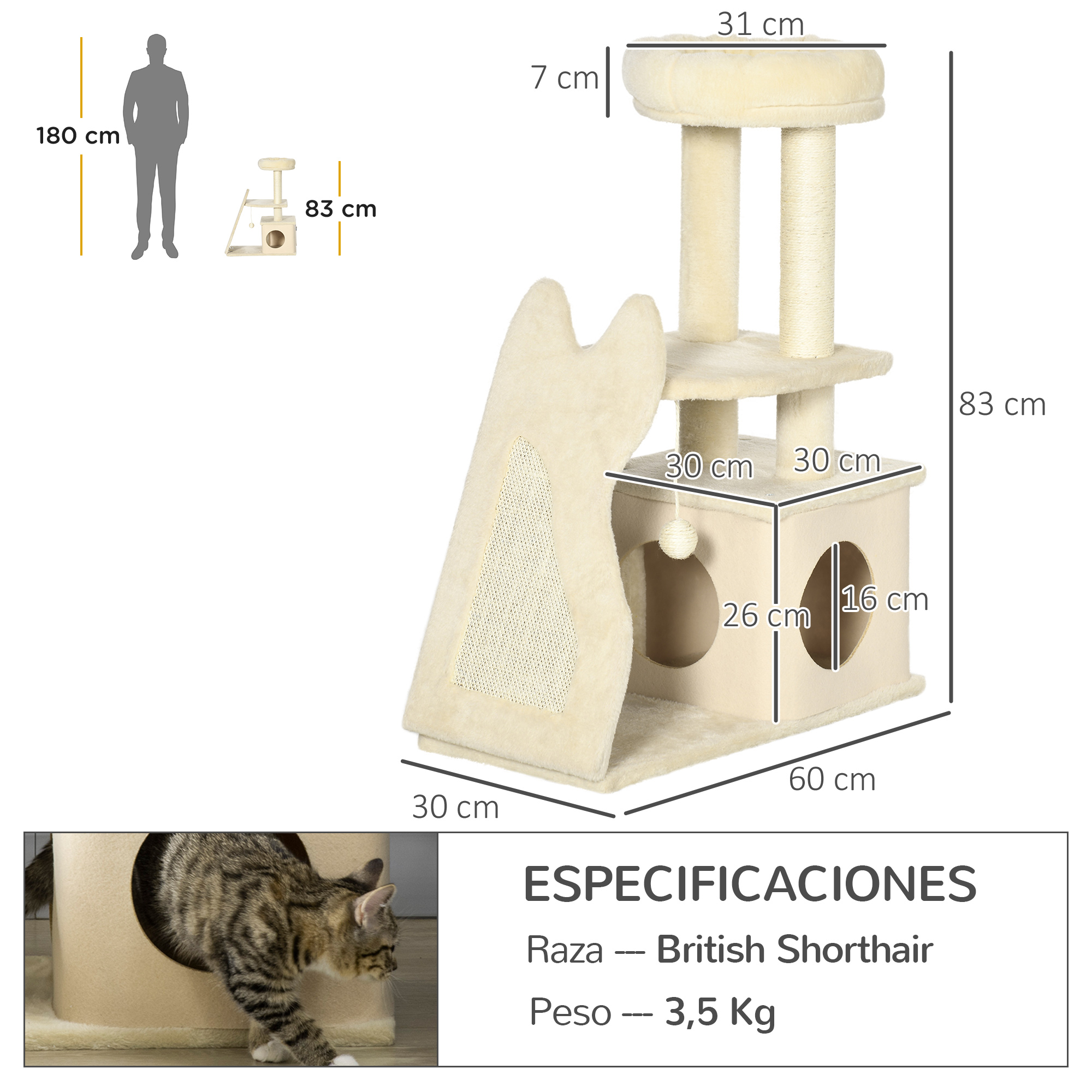 Arranhador PawHut para Gatos de Pequeno Porte, 83 cm de Altura, Torre para Gatos com Cama, Caverna, Plataforma, Bola Suspensa, Postes de Sisal e Rampa, 60x30x83 cm, Bege