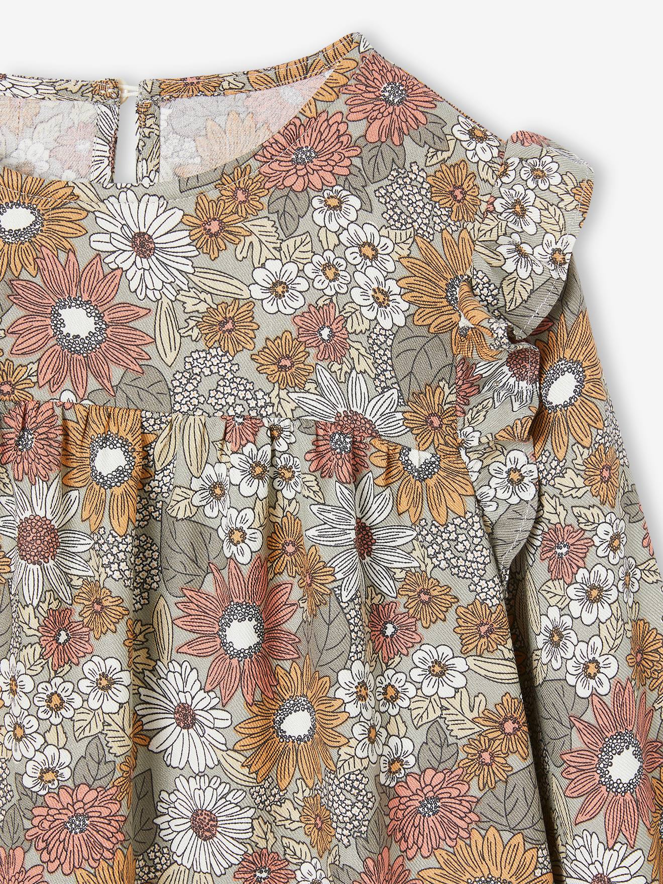 Vestido fluido com babados e motivos florais, para meninas, azul escuro