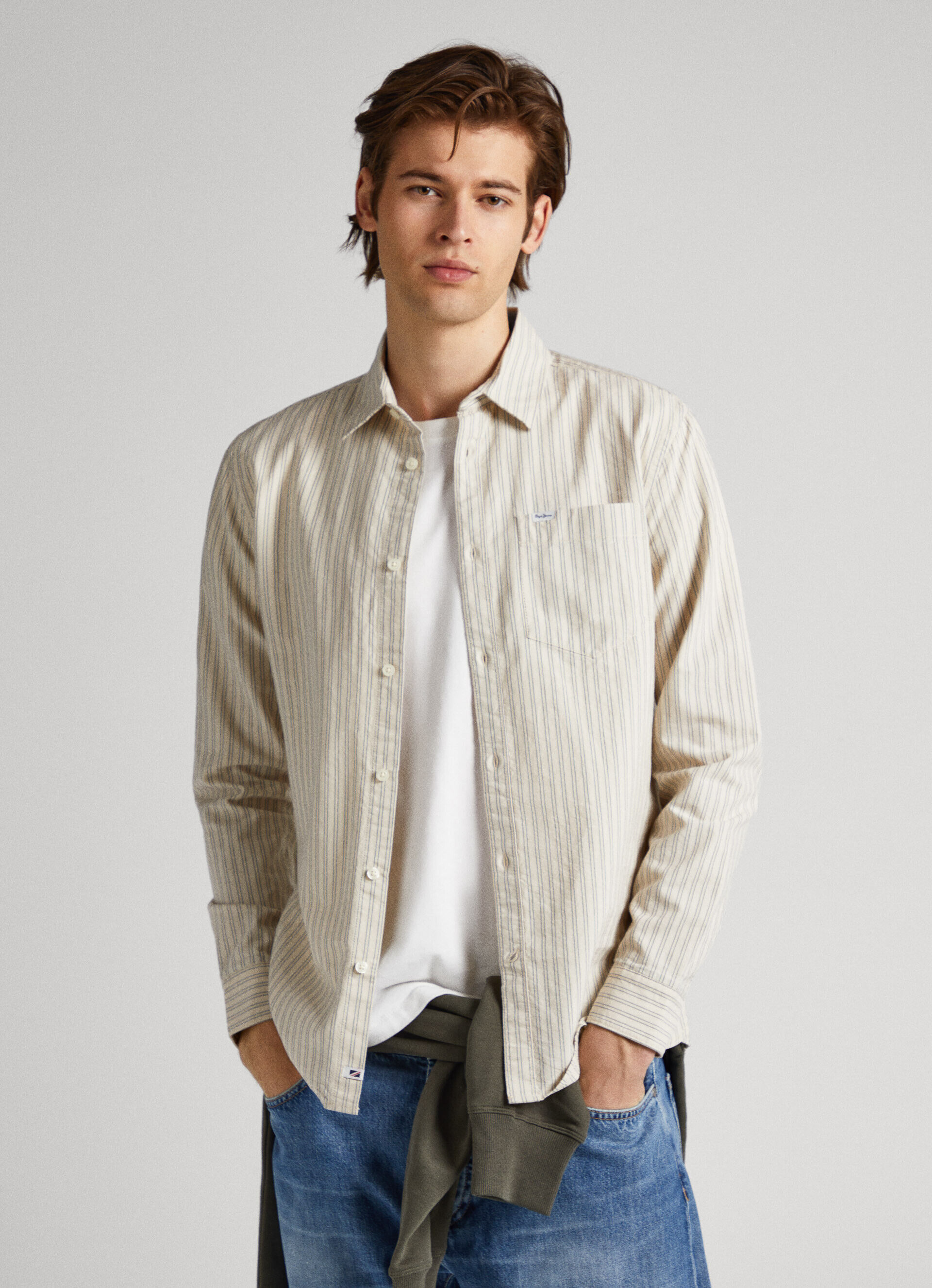 Camisa Oxford listrada Slim Fit - branco marfim