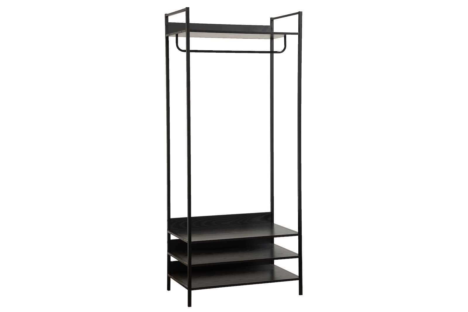 More garderobe Sortlakkert åpen garderobe med sorte hyller og heng.