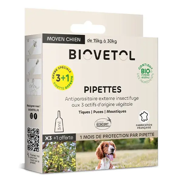 Biovetol - Antiparasitaire - Pipettes Moyen Chien Bio - 3ml (x3+1)