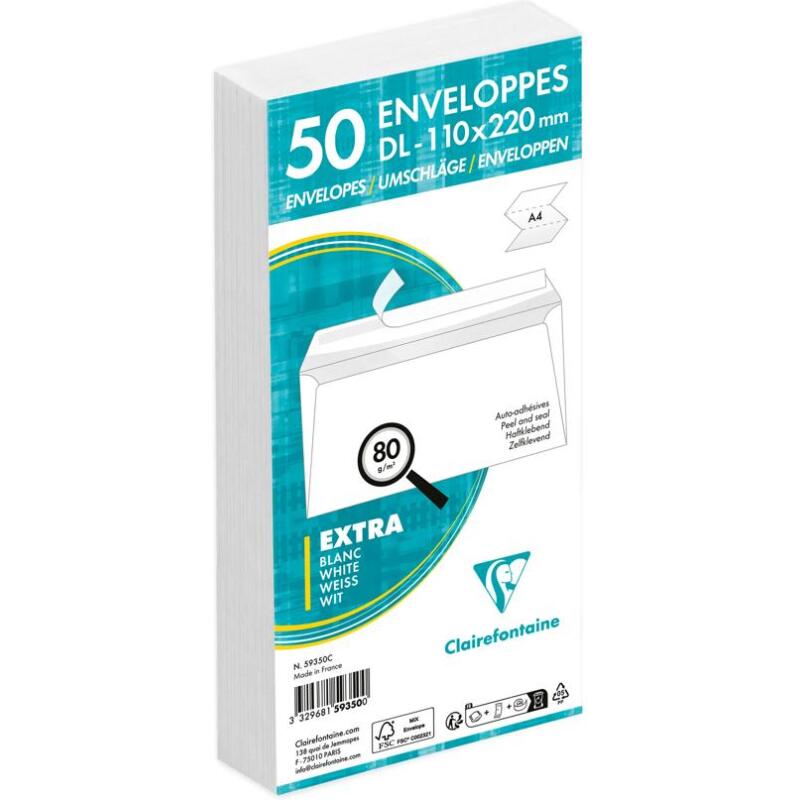 Paquet de 50 Enveloppes Blanches DL-110x220mm - Auto-Adhésives - 80g/m2 - Caisse de 2000 enveloppes. - Blanc