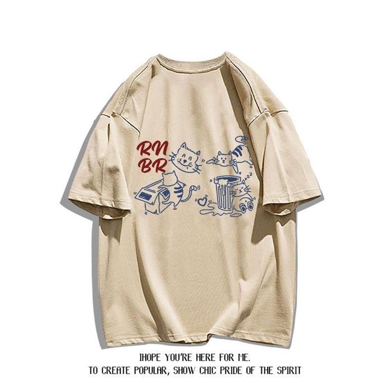 Bay Go Mall - T-shirt met ronde hals en kattenprint, met elleboogmouwen
