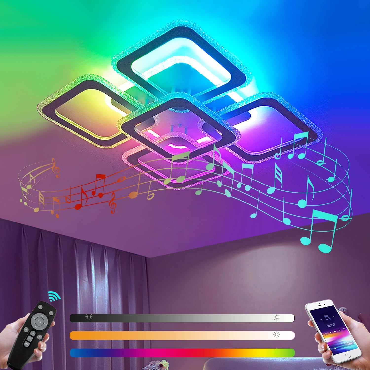 LED Musik Deckenleuchte mit Bluetooth Lautsprecher Wohnzimmerlampe Dimmbar RGB Farbwechsel Deckenlampe mit Fernbedienung Und APP Modern Deckenbeleuchtung Wohnzimmer Kinderzimmer Schlafzimmer Lampe