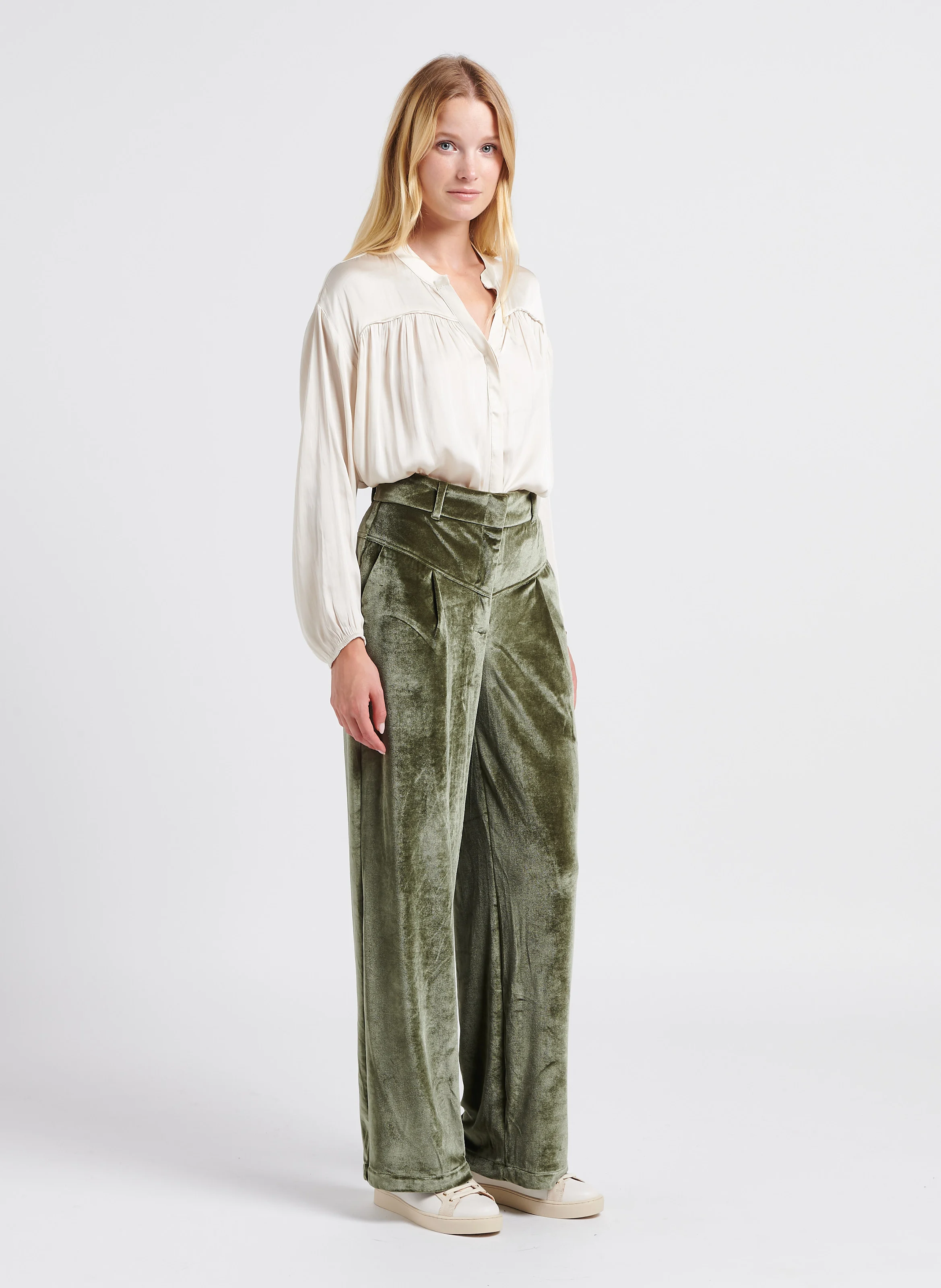 BACHUE - Pantalon large taille haute en velours | Vert