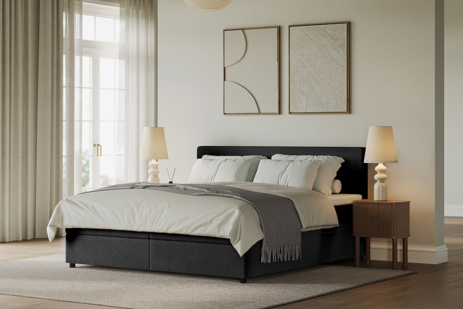 Premium 10 oppbevaringsseng 140x200 cm Magasinseng med oppbevaring, åpnes fra siden. I tekstil terranova 1 sort, med medium/fast fasthetsgrad og premium 10 overmadrass,sorte ben. Sengegavl selges separat.