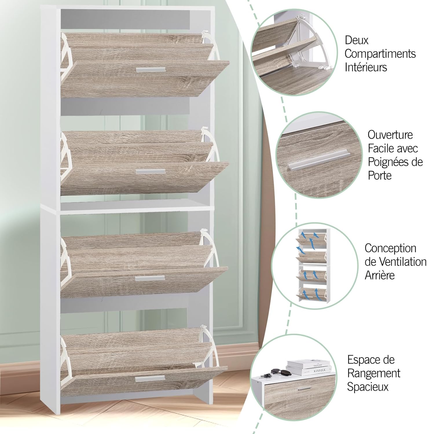 CASABEL Meuble de Rangement à Chaussure 24 Paires - Grande Capacité pour Entrée - L60xP24xH150 cm - Portes Bois Clair Cadre Blanc GX8397892