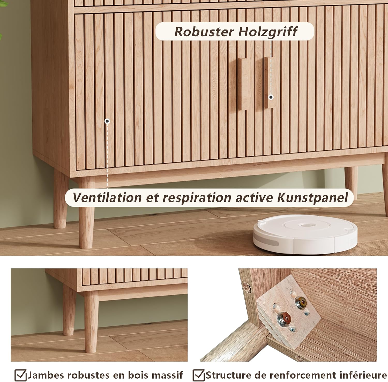 Rattan Sideboard Kommode mit 2 Schublanden und 2 Türen,100x35x80 cm Küchenschrank, Aufbewahrungskommode, Rattan Sideboard Schrank Beistellschrank, kommode Schmal, Modern Schrank für Wohnzimmer