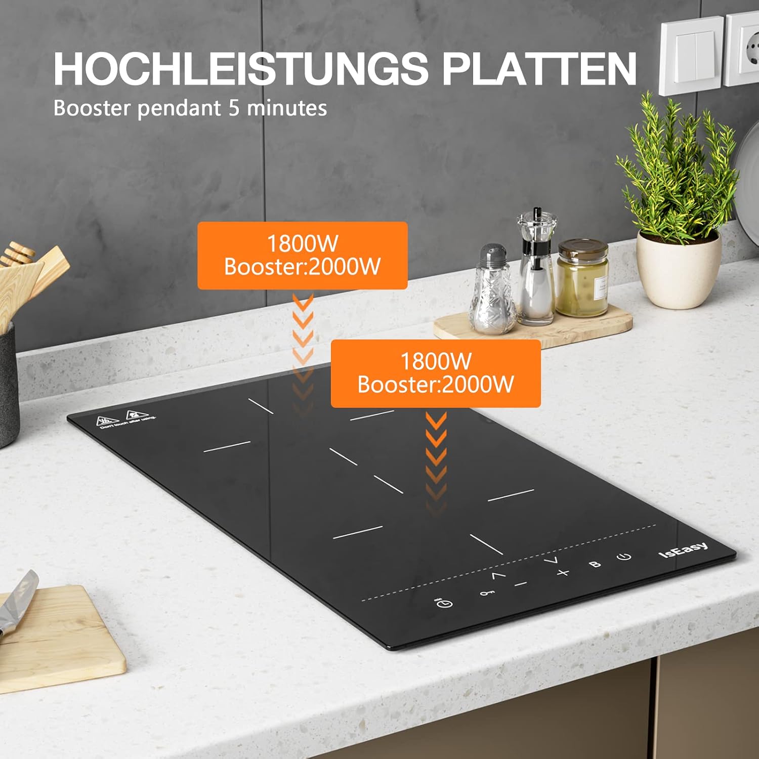 IsEasy Domino Induktionskochfeld Mit 2 Platten - 9 Leistungsstufen, 1-99Min Timer, Boost-Funktion, 29.5cm, 3400W, Schwarz