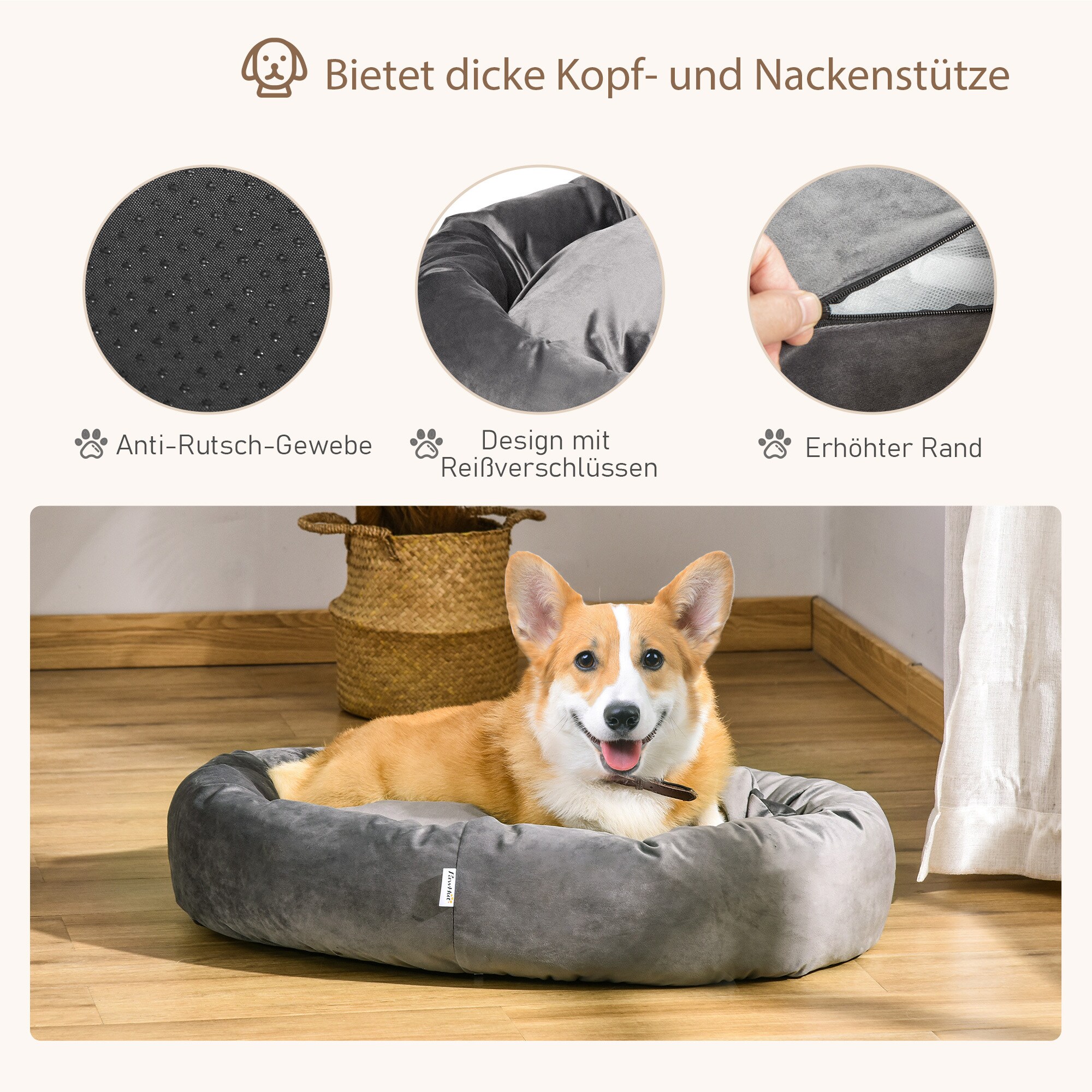 PawHut Haustierbett mit Samtoptik grau 81,5L x 58B x 18H cm
