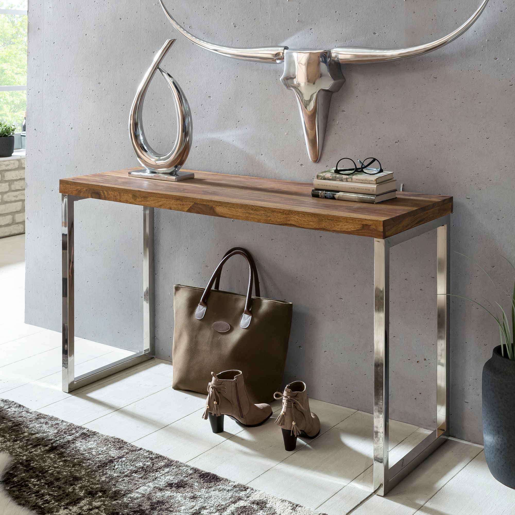 KADIMA DESIGN Konsolentisch ISEN: Flexibel, 120x76x45 cm, Massivholz, Chromgestell, handgefertigt.