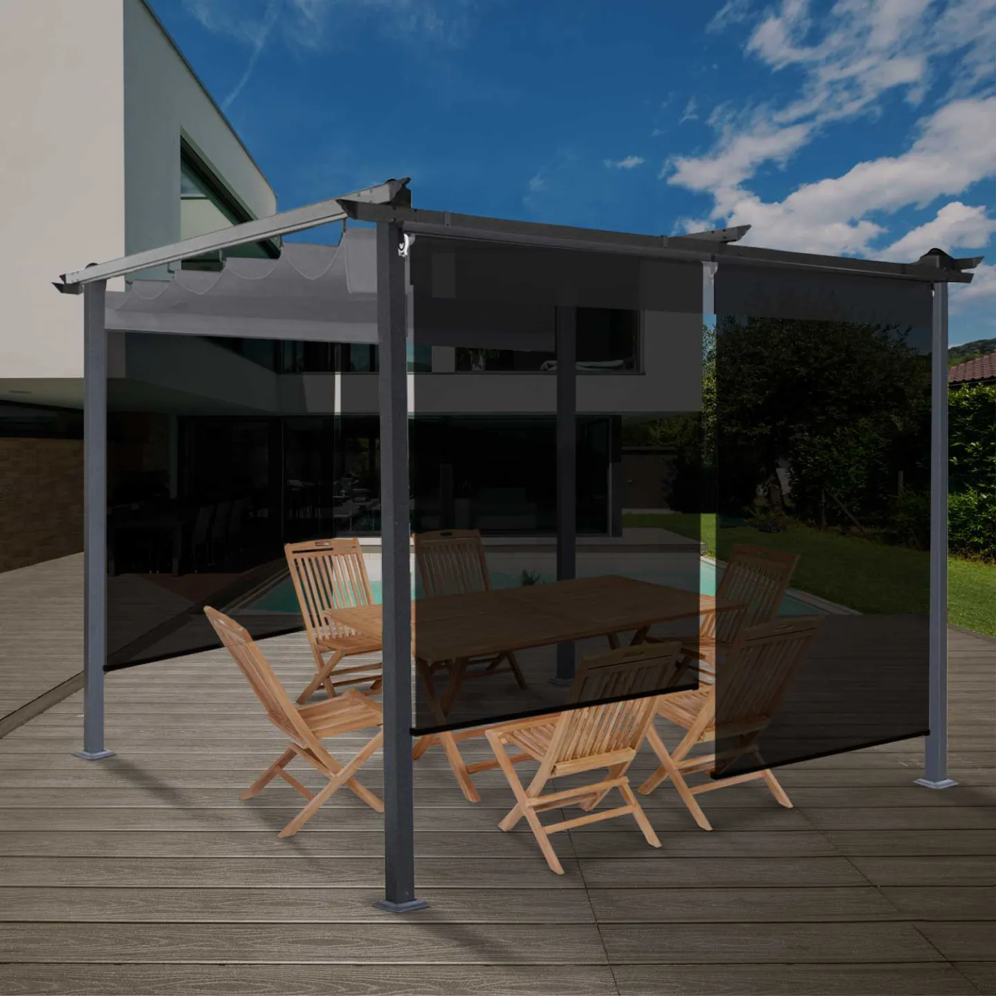 Lot de 3 stores enrouleurs tamisants L.124 x H. 225 CM pour pergola noir