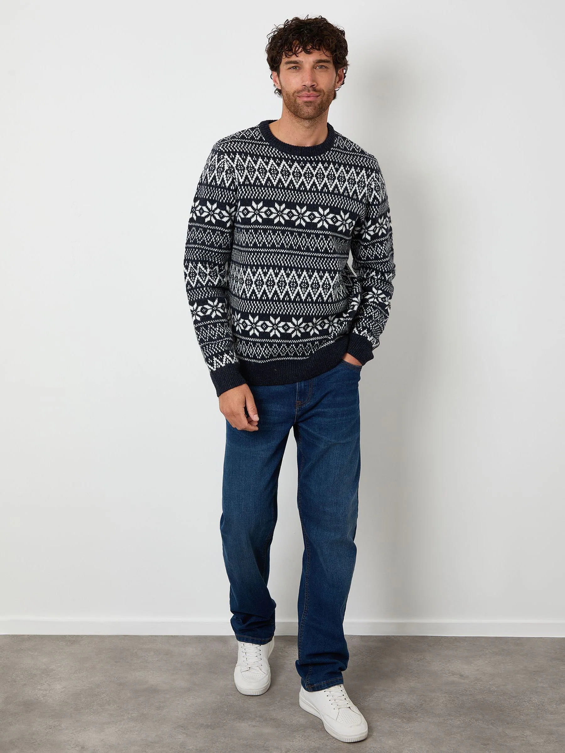 Marineblauw - Threadbare kersttrui met fairislemotief