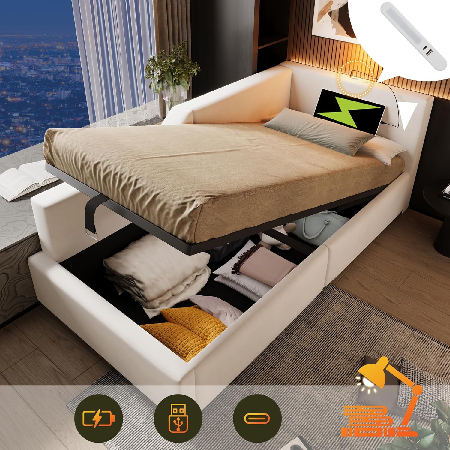 Polsterbett Tagesbett Daybett 90x200cm, Schlafsofa mit hydraulischem Stauraum, Leselichtfunktion und USB-C-Ladefunktion, Jugendbett Bettgestell, Samt (Beige, 90×200cm)