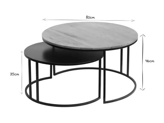 Tables basses gigognes rondes bois manguier massif et métal noir (lot de 2) TAHL