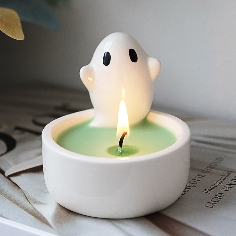 (7x7cm) Keramik Deko Geist Teelicht Halter Halloween Accessoire Gespenst Kerzen Ständer - Weiss