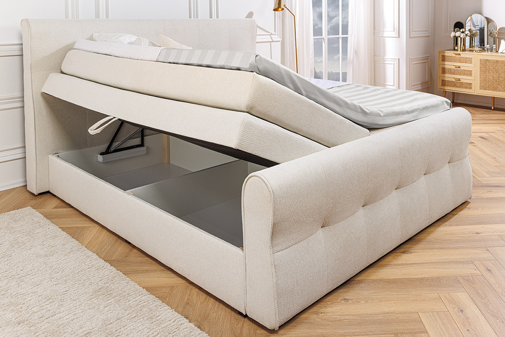Design Boxspringbett SIGNUM 140x200cm creme Strukturstoff inkl. Stauraum und Topper