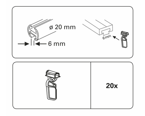 Maxi klikglijders met plooihaken voor 6 mm rails, wit, 20 stuks.