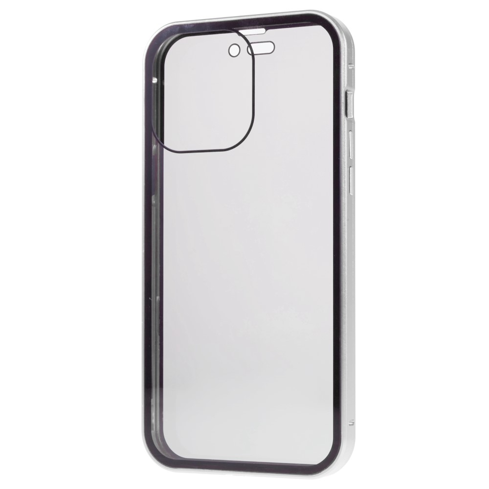iPhone 14 Pro Magnetische Alu Schutzhülle mit Panzer Glas Backcover   Privacy Glas Displayschutz (Magnet-Technologie) - Silber