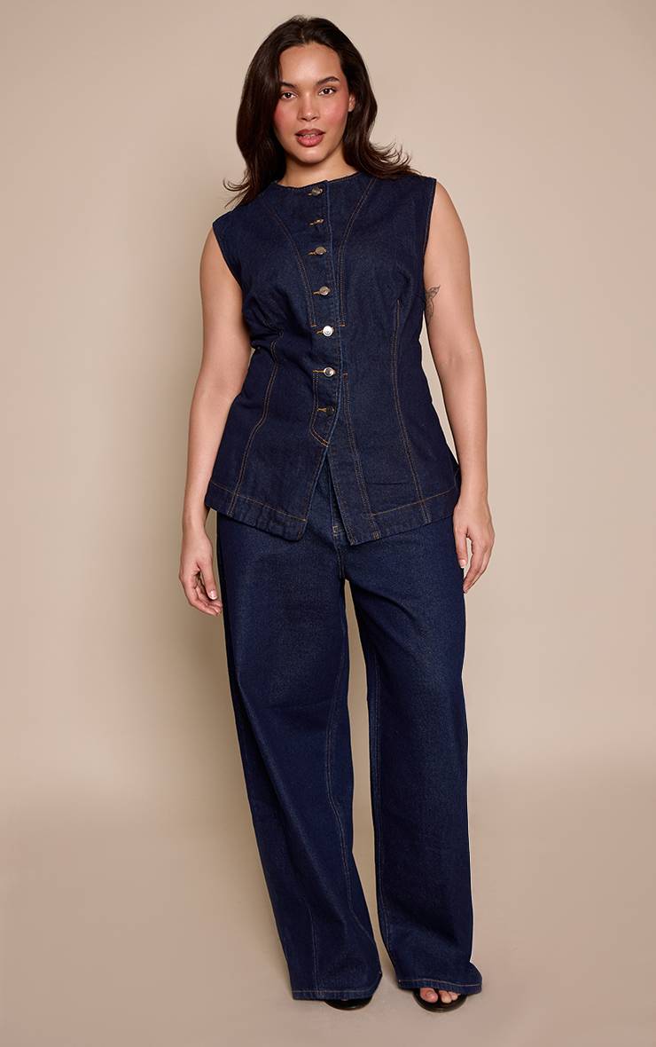 Bleu Indigo Jean Barrel Taille Mi-haute Stretch Grande Taille