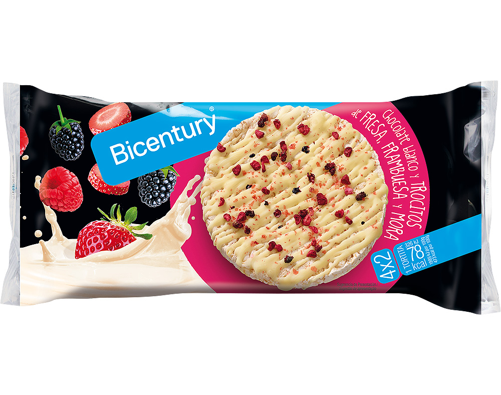 TORTITAS BICENTURY ARROZ CHOCOLATE BRANCO FRUTOS VERMELHOS 131.2G