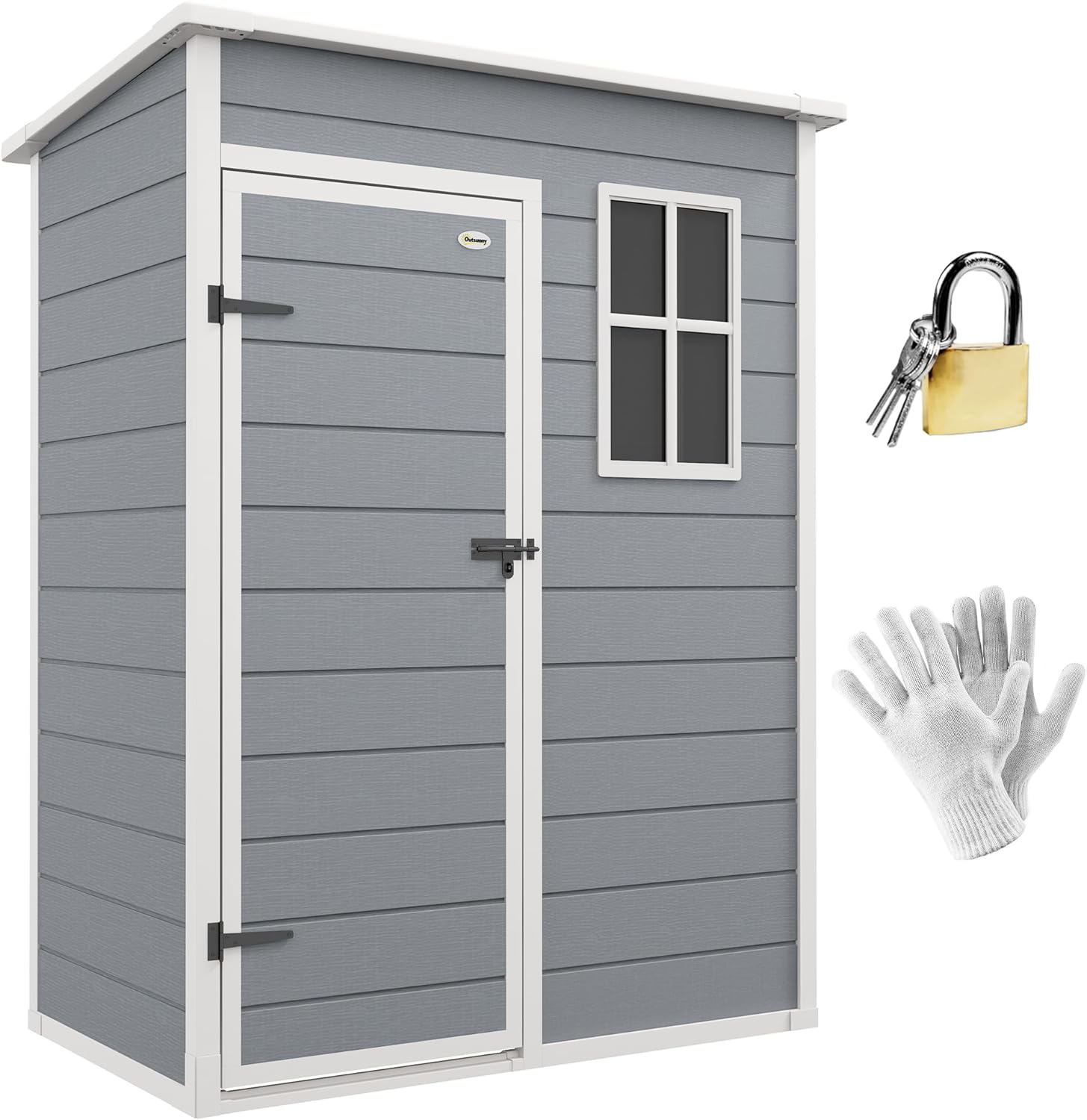 Outsunny Gerätehaus Kunststoff 1,14m² 151 x 92 x 193cm Geräteschuppen mit Pultdach Boden Fenster Abschließbarer Tür wetterfest Gartenhaus Outdoor Garten Schuppen für Hinterhof Grau