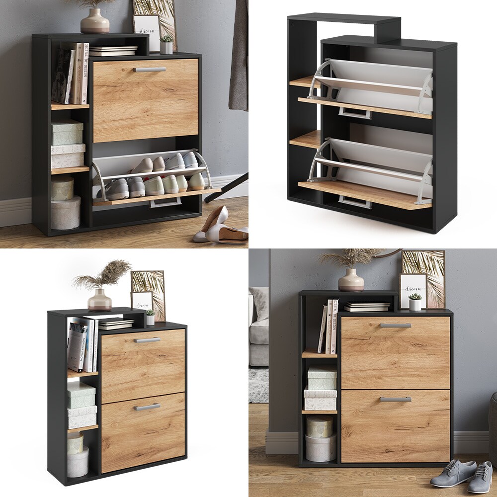 Vicco Schuhkipper Schuhregal Schuhschrank Orlando Eiche Anthrazit 80x90 modern Flur Schrank Flurregal Schuhorganizer Schuhablage Flurmöbel Schranktür Schrankfach Ablage Aufbewahrung Schuhtrommel