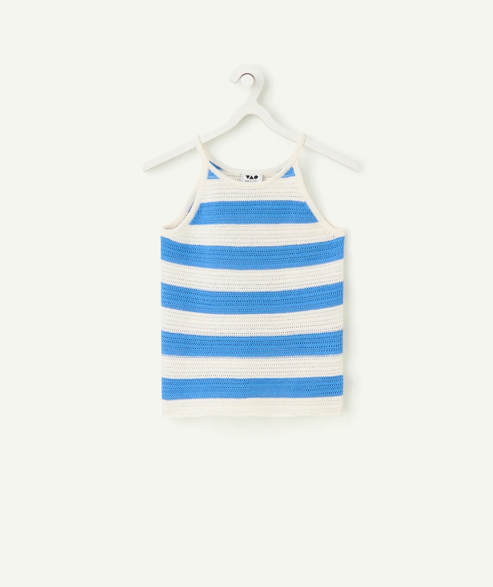 débardeur tricot fille en coton bio rayé bleu et blanc