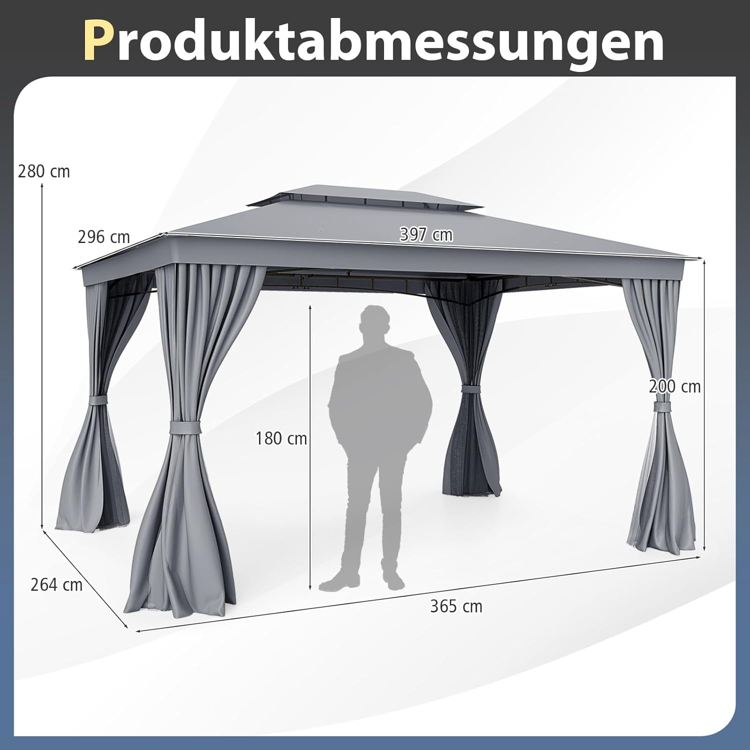 COSTWAY Pavillon 3 x 4 m, Gartenpavillon mit Moskitonetz & Vorhang & Doppeldach, Pavillonzelt Wasserdicht, Winterfest Sonnenschutz Gartenzelt, Terassenpavillon für Terrasse, Garten, Rasen