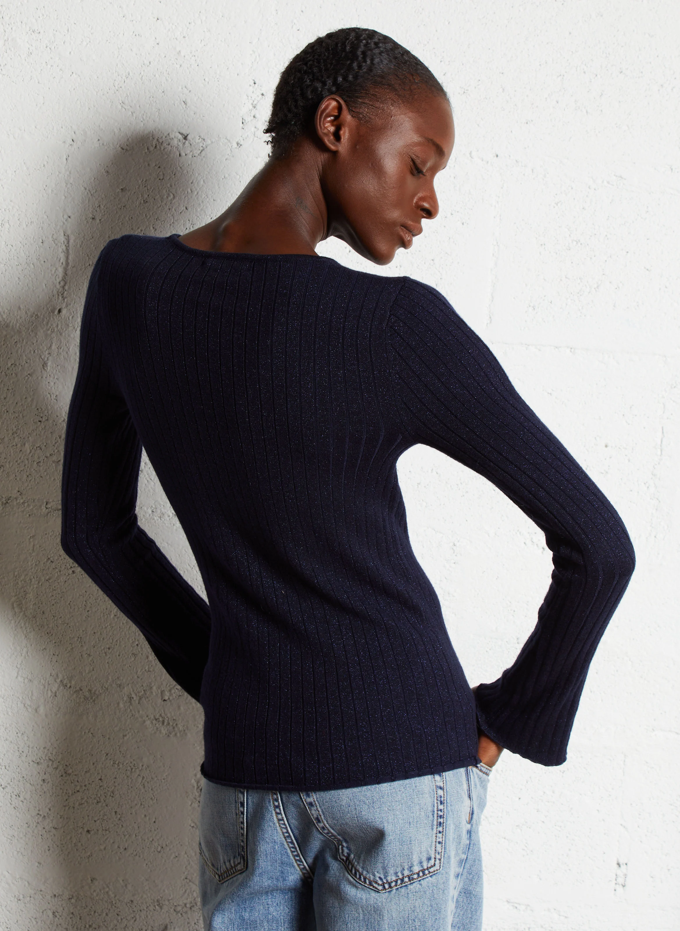 Pull cintré col rond en maille métallisée | Bleu