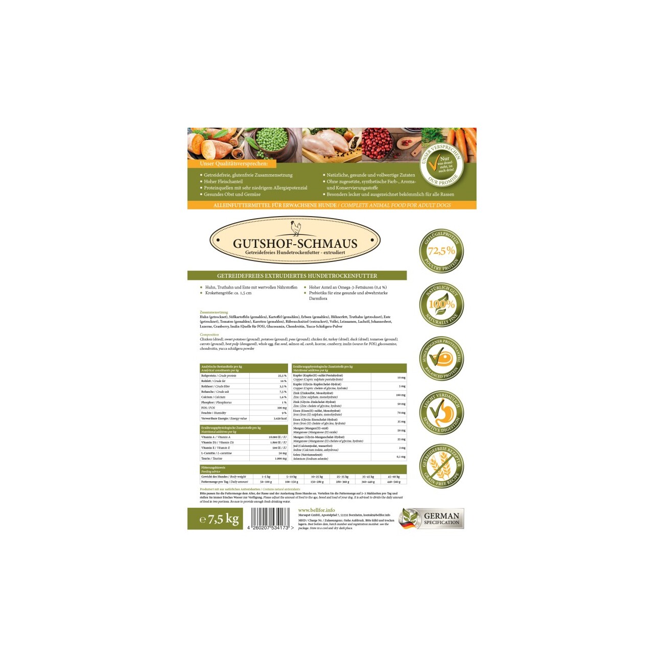 Bellfor Sparset Nr. 2 Hundeleckerlies - Gutshof-Schmaus 7,5kg + Landgut-Schmaus 2,5kg + Kaninchenohren 200g