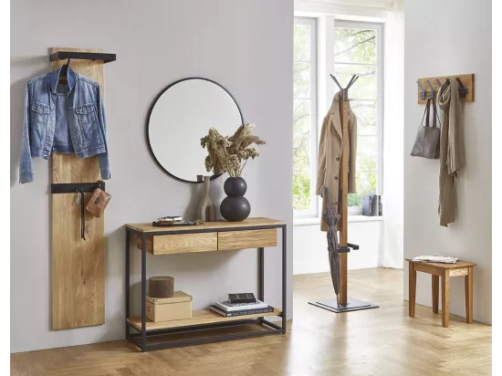 Portemanteau en bois massif coloris chêne et métal noir -longueur 40 x profondeur 40 x hauteur 180 cm