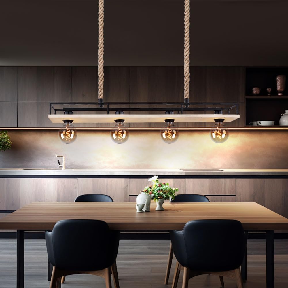 Hängelampe Holzleuchte Deckenleuchte Wohnzimmer Pendelleuchte mit Hanfseil, Metallrahmen mit Ablage schwarz, 4x E27, LxH 95x120 cm