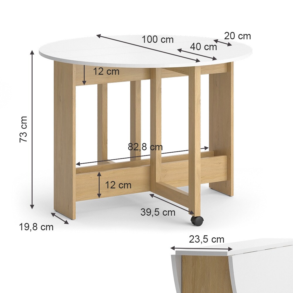 Vicco Esstisch Rondo Eiche Weiß 100 x 73 cm ausklappbar