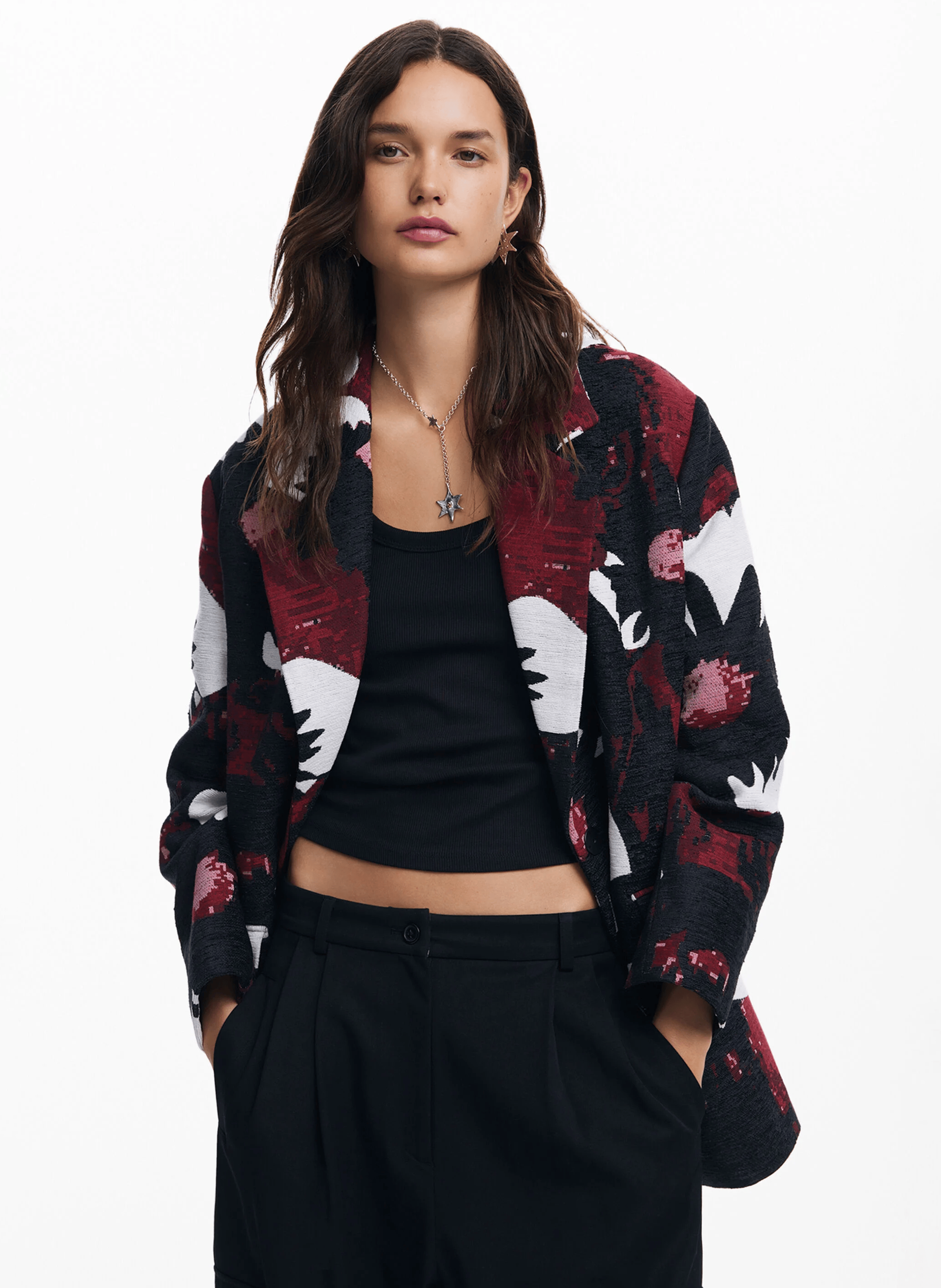 Manteau ample imprimé en coton mélangé | Rouge